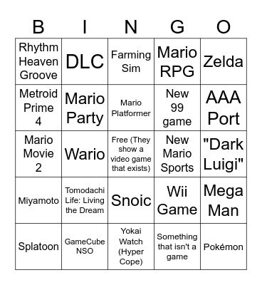 Nintendo Direct 9.12.25 Bingo Card