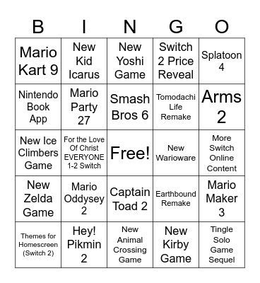Nintendo Direct 4.2.2025 Bingo Card