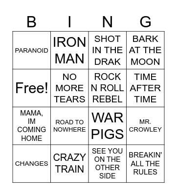 OZZY TRIBUTE Bingo Card