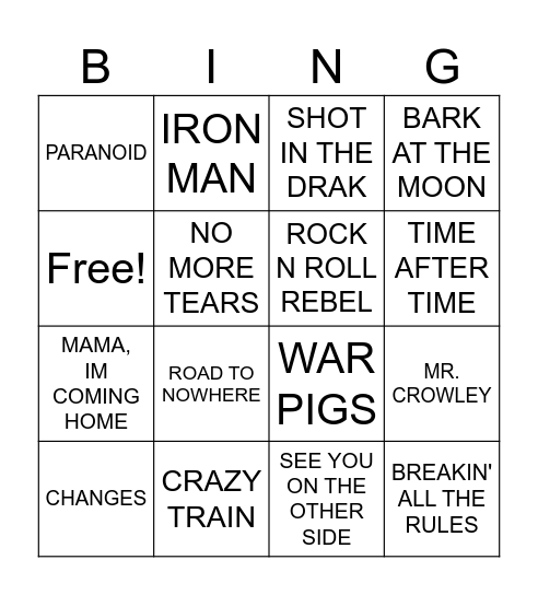 OZZY TRIBUTE Bingo Card