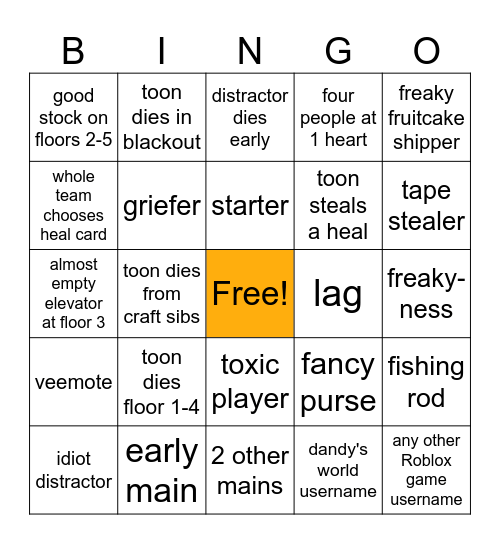 Dandy's World Bingo Card