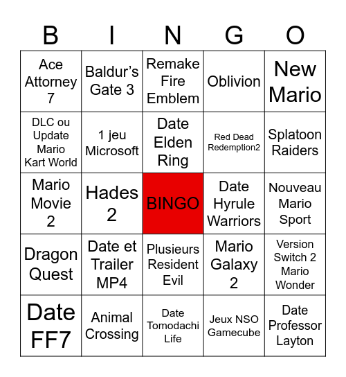 Nintendo Direct 12/09/2025 Bingo Card