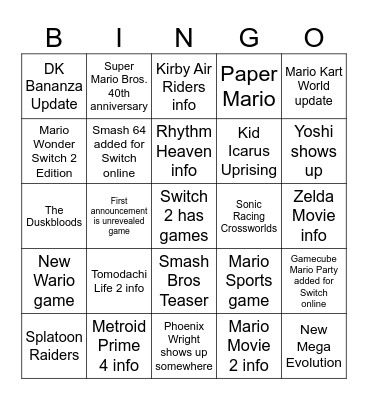 Nintendo Direct bingo Card