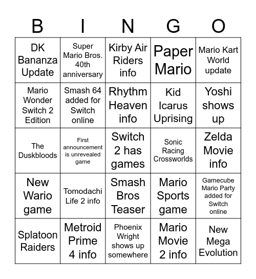 Nintendo Direct bingo Card