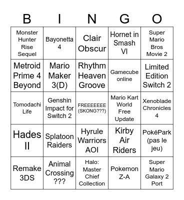Nintendo Direct 12/9 Bingo Card