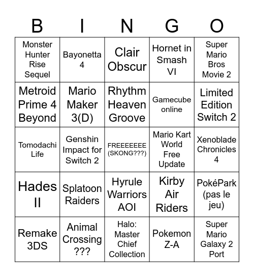 Nintendo Direct 12/9 Bingo Card