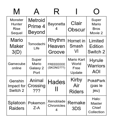 Nintendo Direct 12/9 Bingo Card