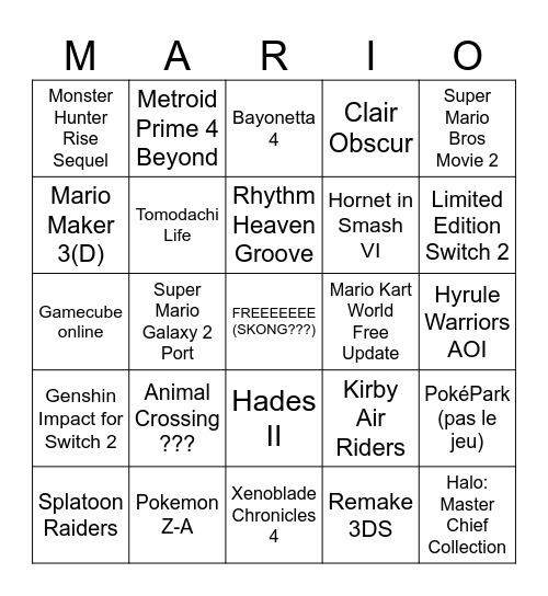 Nintendo Direct 12/9 Bingo Card