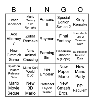 Nintendo Direct Bingo Card