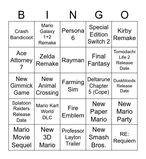 Nintendo Direct Bingo Card