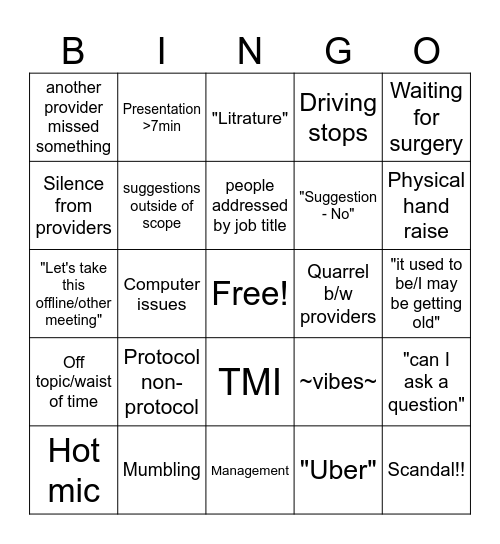 Committee Bingo Card
