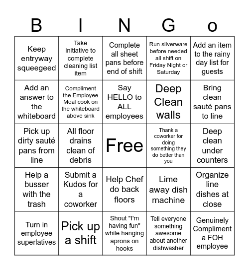 Dishwasher Bingo Card