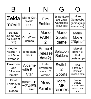 Nintendo Direct Bingo Card