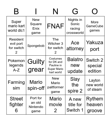 Nintendo Direct bingo Card