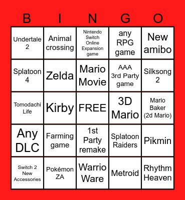 Nintendo direct Bingo Card