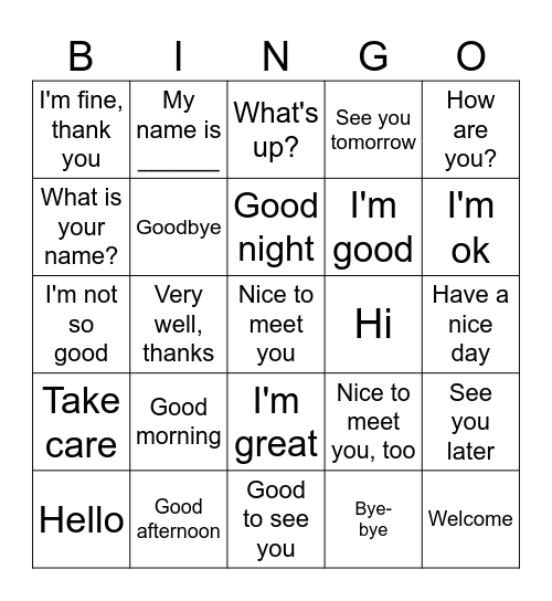 Greetings Bingo Card