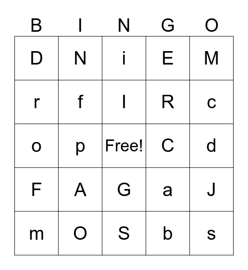 Fundations Bingo- b,t,f,m,n,i,u,c,o,a,g,d,s,e,r,p,j Bingo Card