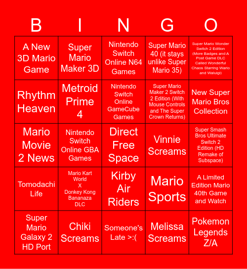 Nintendo Direct Bingo Card