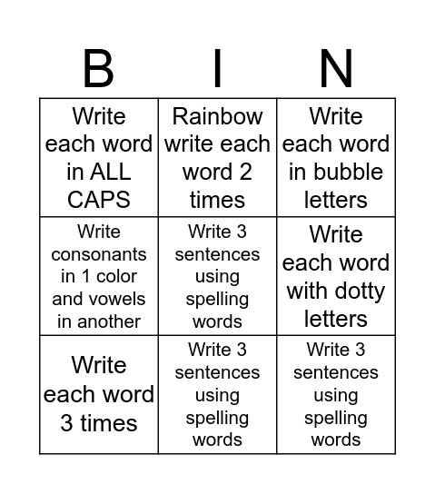 Spelling Tic-Tac Toe Bingo Card