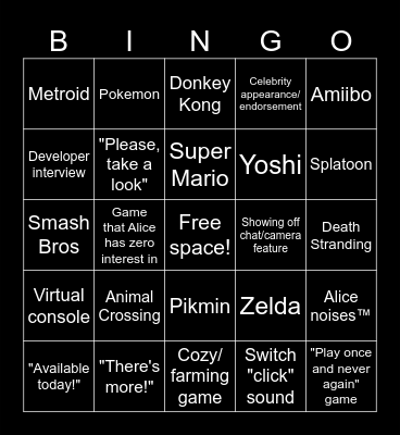 Nintendo Direct Bingo with Alice Bingo Card
