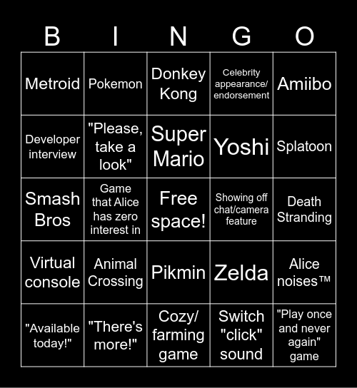 Nintendo Direct Bingo with Alice Bingo Card