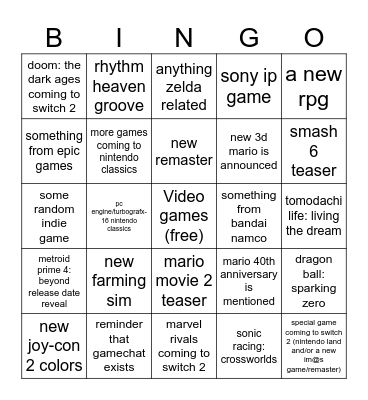 Nintendo Direct 9/12 Bingo Card