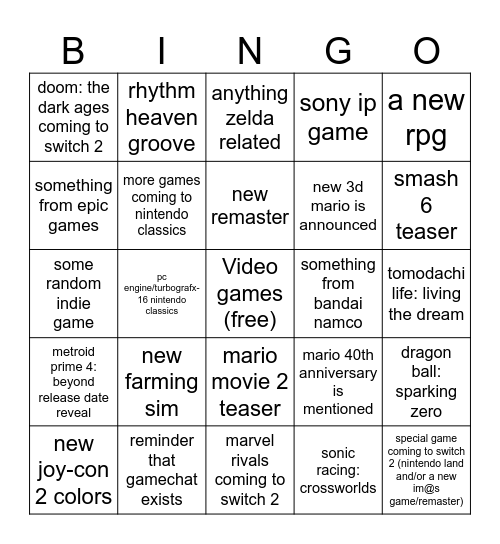 Nintendo Direct 9/12 Bingo Card