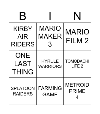 NINTENDO DIRECT SAUSE Bingo Card