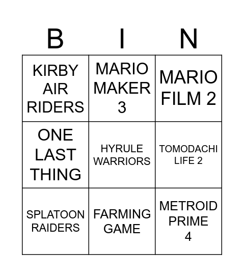 NINTENDO DIRECT SAUSE Bingo Card