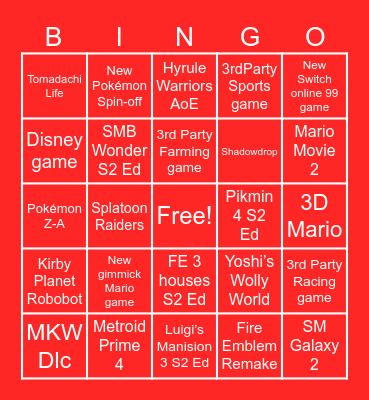 Nintendo Direct 12/9 2025 Bingo Card