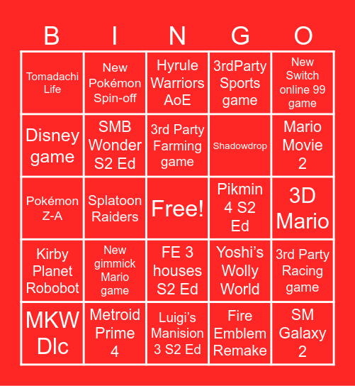Nintendo Direct 12/9 2025 Bingo Card