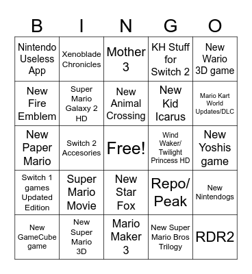 Nintendo Direct Predictions Bingo Card