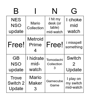9/12 Nintendo Direct Bingo Card