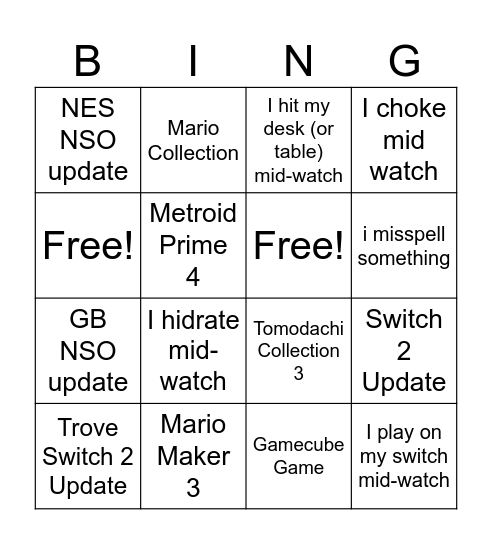 9/12 Nintendo Direct Bingo Card