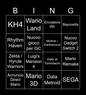 NINTENDO DIRECT Bingo Card