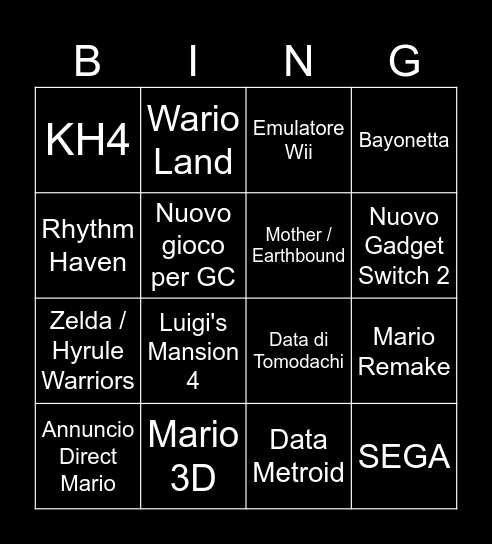 NINTENDO DIRECT Bingo Card