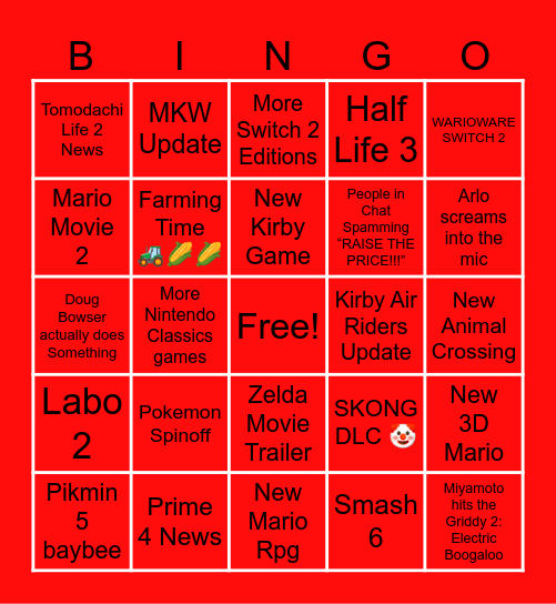 Nintendo Direct Sept 2025 Bingo Card