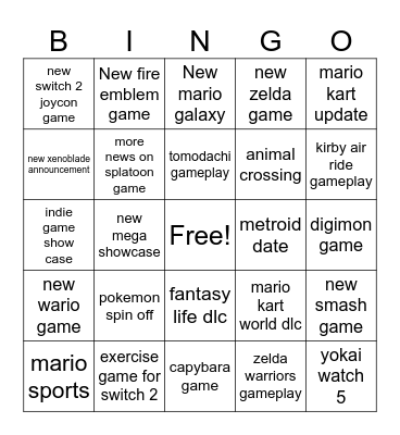 nintendo direct Bingo Card