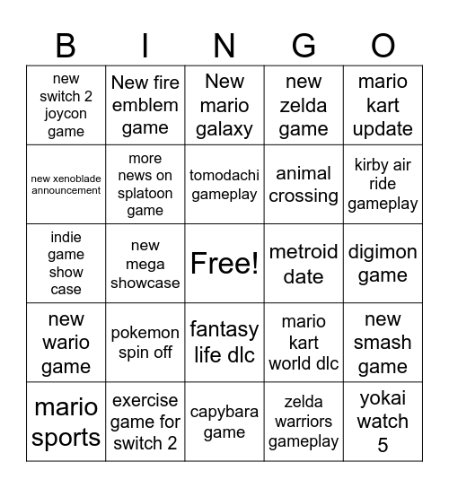 nintendo direct Bingo Card