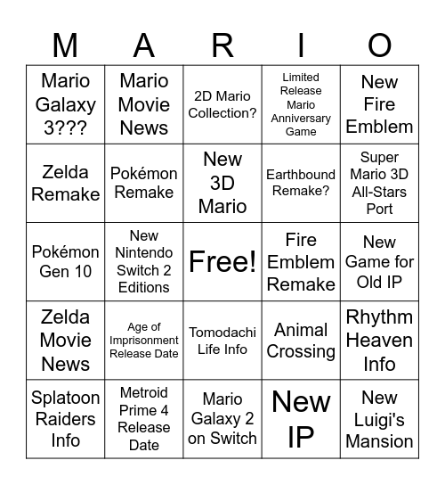 9/12/25 Nintendo Direct Bingo Card