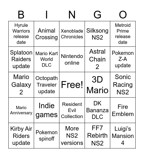 Nintendo Direct Bingo Card