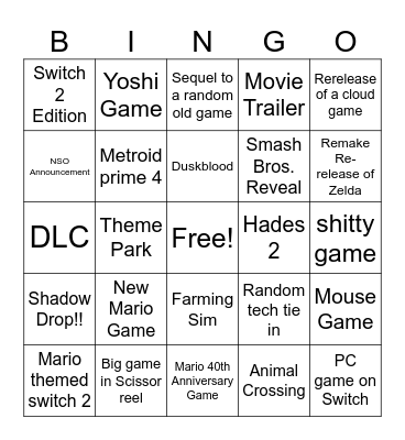 Nintendo Direct Bingo Card