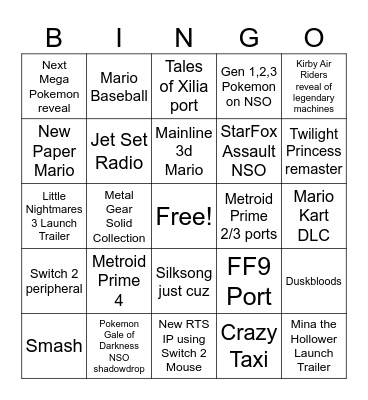 Pre Holidays 1 HOUR Nintendo Direct Bingo Card