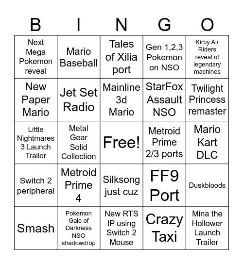 Pre Holidays 1 HOUR Nintendo Direct Bingo Card