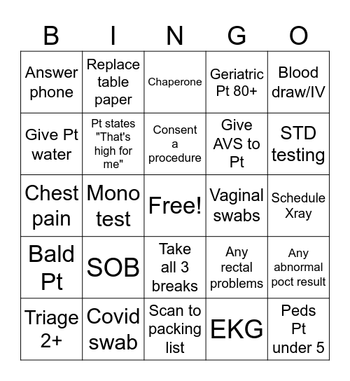 Camas Urgent Care Bingo Card