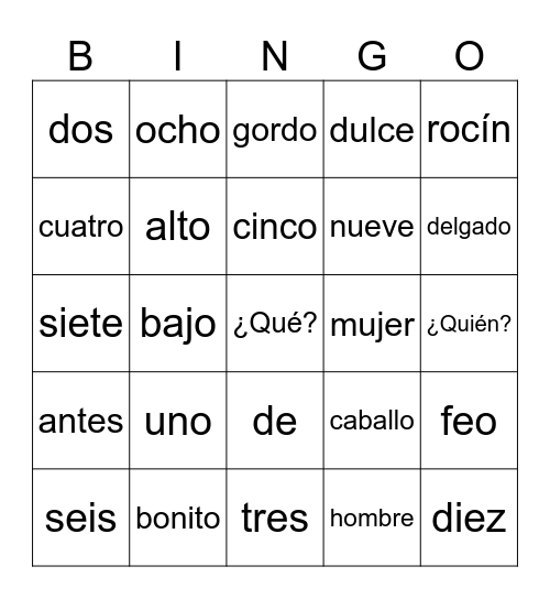 Vocabulario - Don Quixote Bingo Card