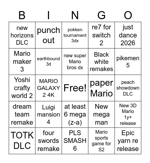 NIggtendo direct Bingo Card