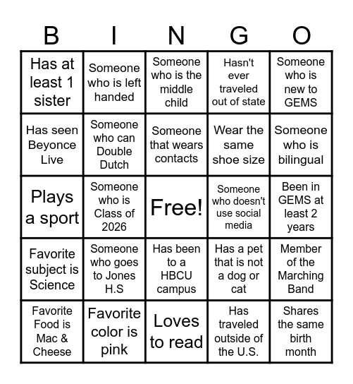 Getting to know you - DELTA G.E.M.S. Edition Bingo Card