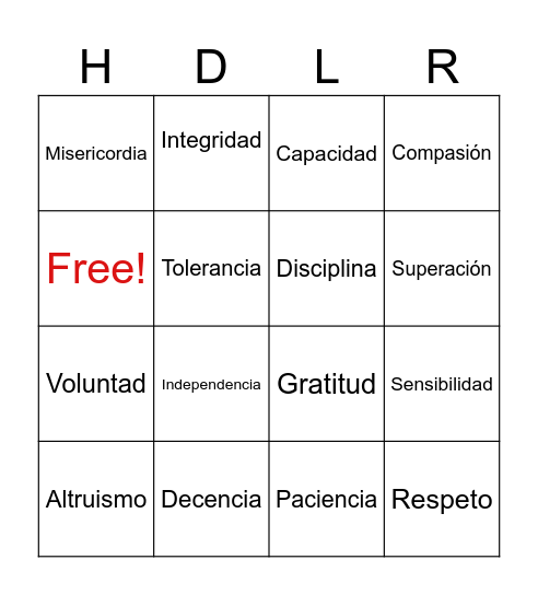 Bingo de los buenos valores Bingo Card