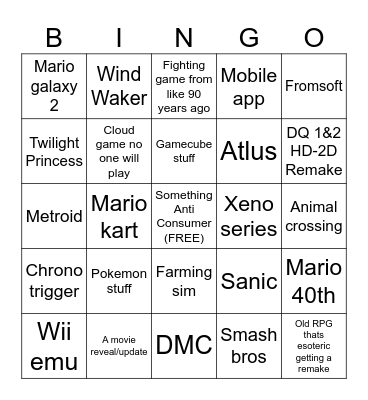 Nintendo (Derogatory) Bingo Card